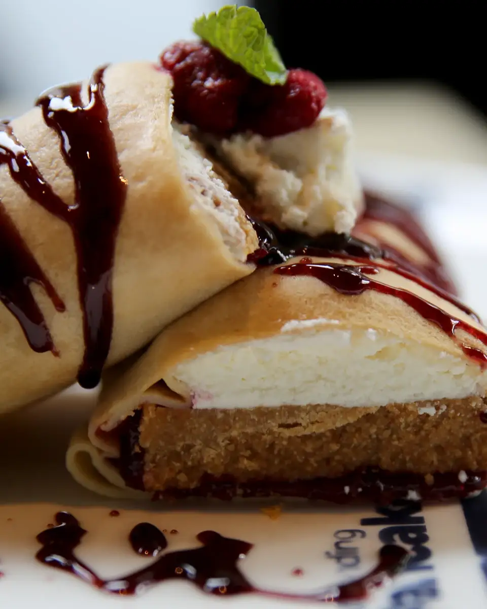 Slojevi plazma kore i cheesecake musa u preseku palačinke, Milky