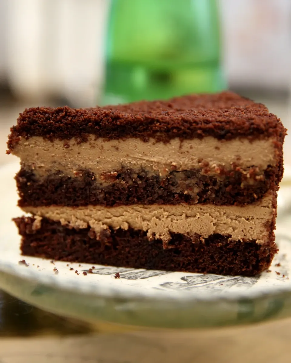 Krupni kadar preseka čokoladne torte sa slojevima fila
