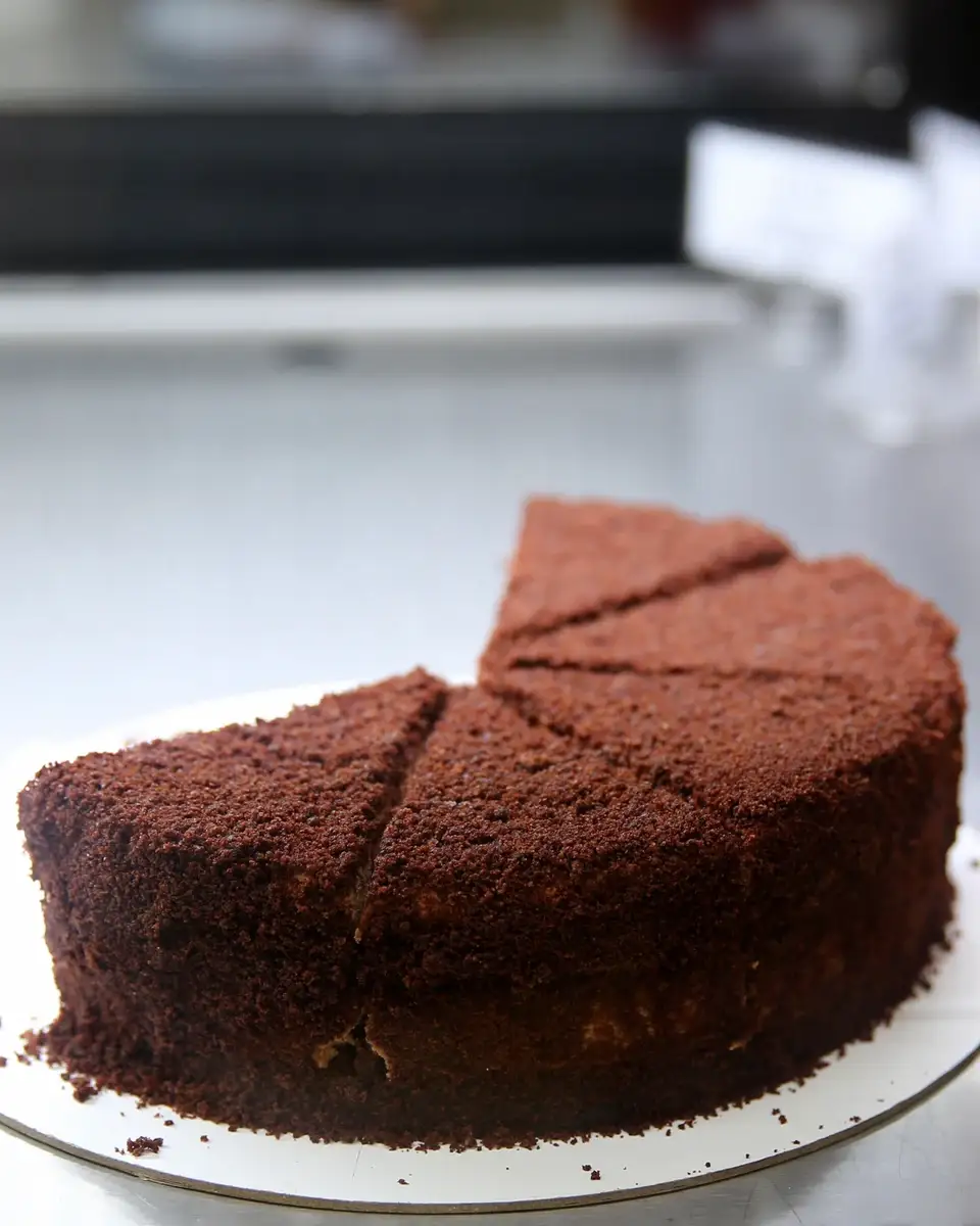 Čokoladna torta sa dva isečena parčeta na postolju, Poslastičarnica Alisa