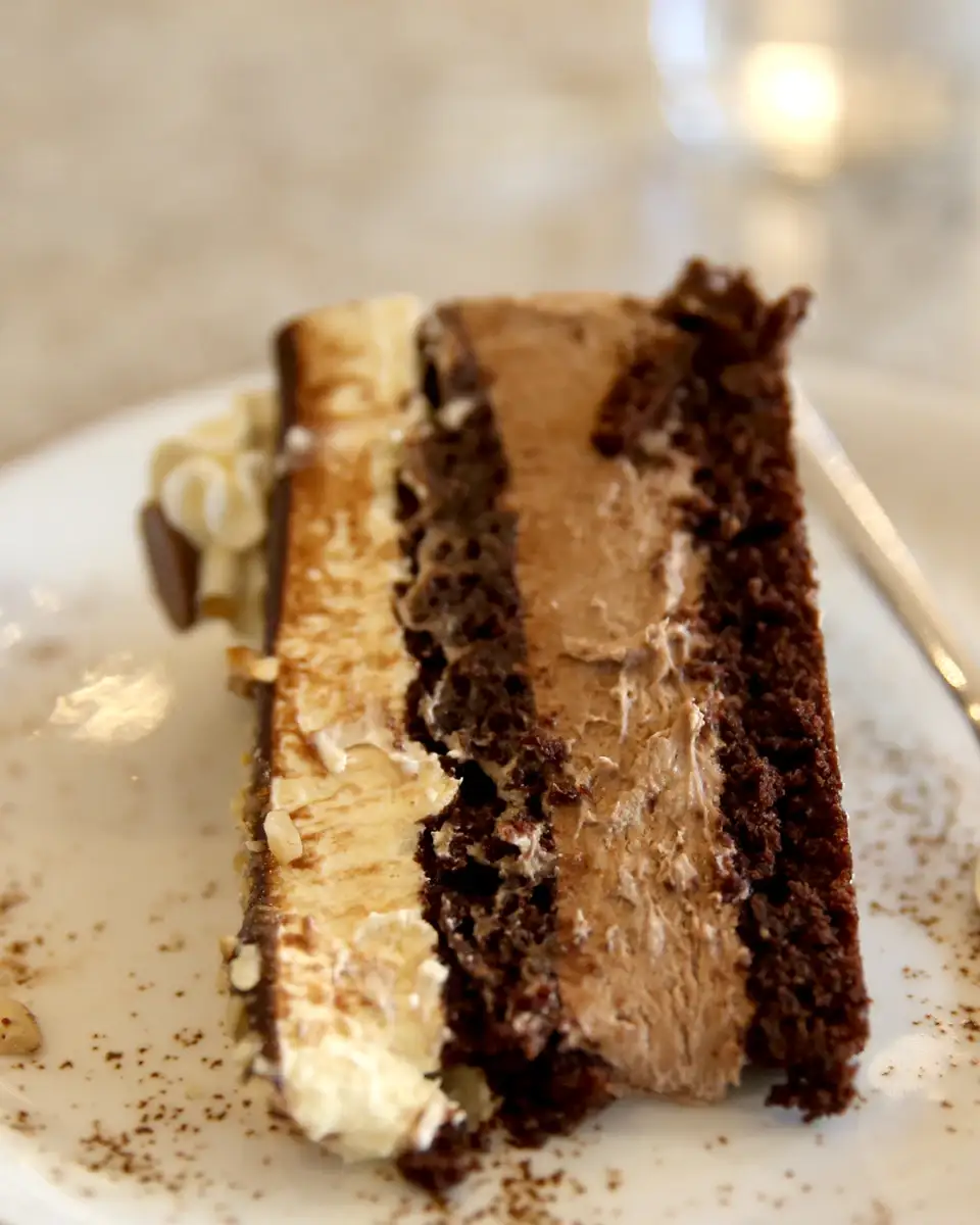 Krupni kadar preseka torte Pelivan sa slojevima kreme i piškota